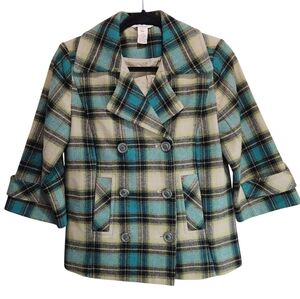 Sundance Plaid Double-Breasted Blazer Women's Extra Small XS Suit Jacket Teal